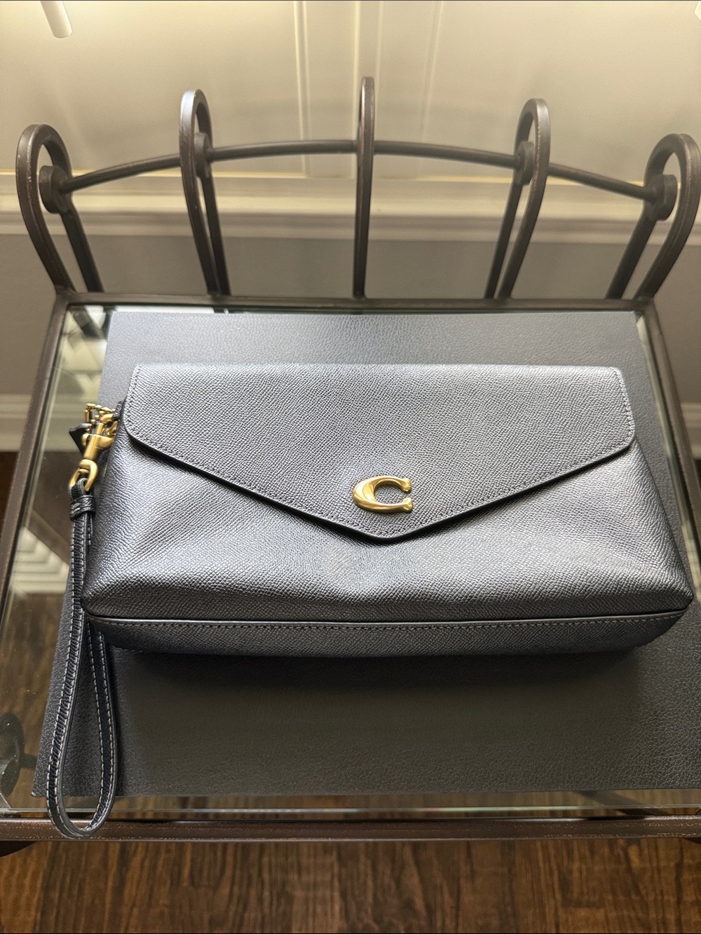 Coach Black Leather Envelope Wristlet with Gold 'C' Accent